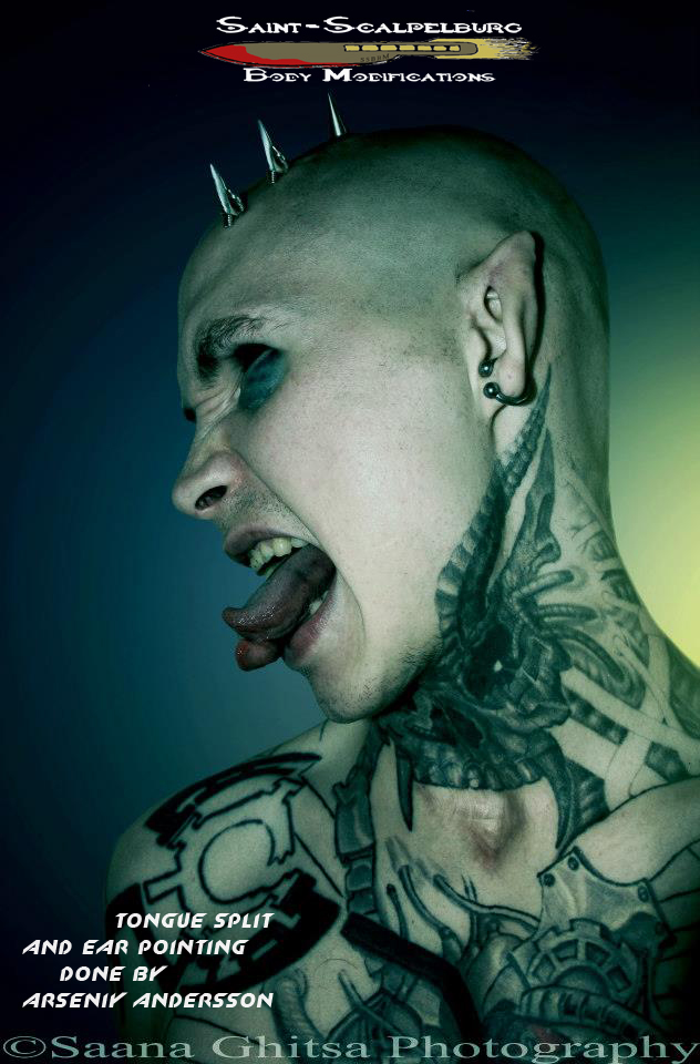 Ear pointing and tongue split done by Arseniy Andersson Transdermals by Lari Lahti and Samppa Von Cyborg. Eyeballs by xRonix