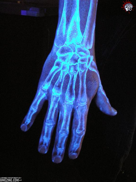 A human hand with a UV inck skeleton tattoo showing over it.