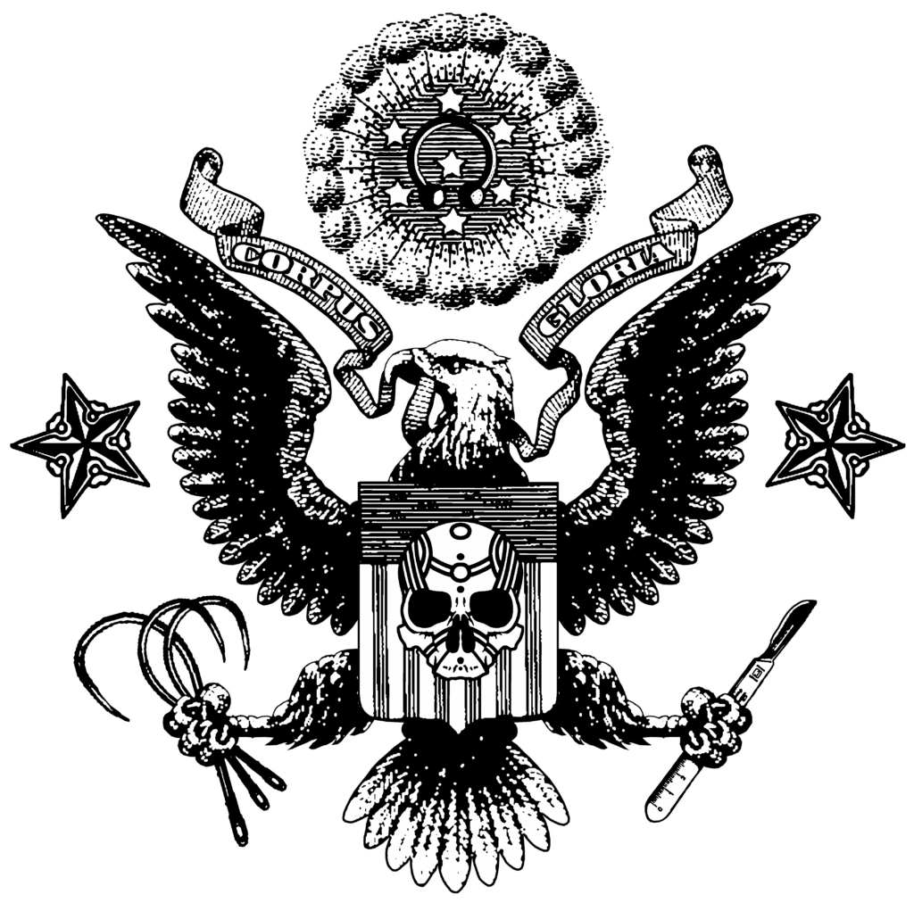 A stylized black-and-white emblem resembling a traditional coat of arms or seal. It features an eagle with outstretched wings holding a scalpel in one claw and body modification hooks in the other. The shield on the eagle's chest displays a skull motif, and a banner above reads "Corpus Gloria." Decorative stars and symbolic elements frame the central design.